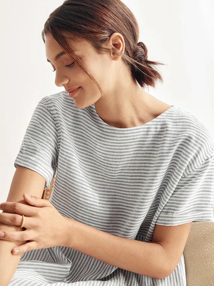 Margaux™ | Robe courte rayée en lin à coupe A