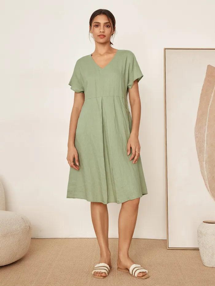 Élodie™ | Midi-Leinenkleid mit V-Ausschnitt
