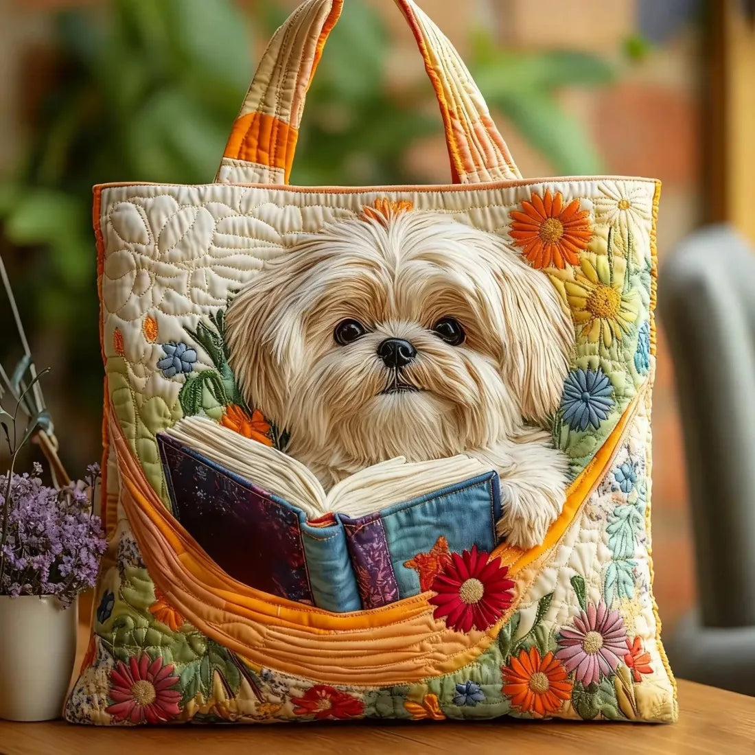 SHIHFLORA™ | SAC TOTE ARTISANAL DOUBLÉ (SHIH TZU, LIVRES ET FLEURS)