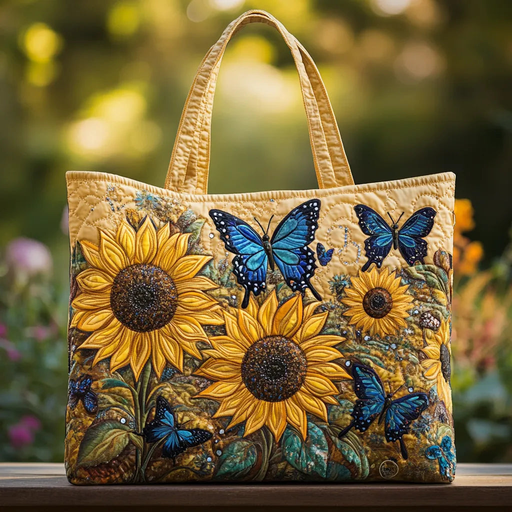 SOLEIL BLEU™ | SAC CABAS ARTISANAL DOUBLÉ (TOURNESOLS ET PAPILLONS)