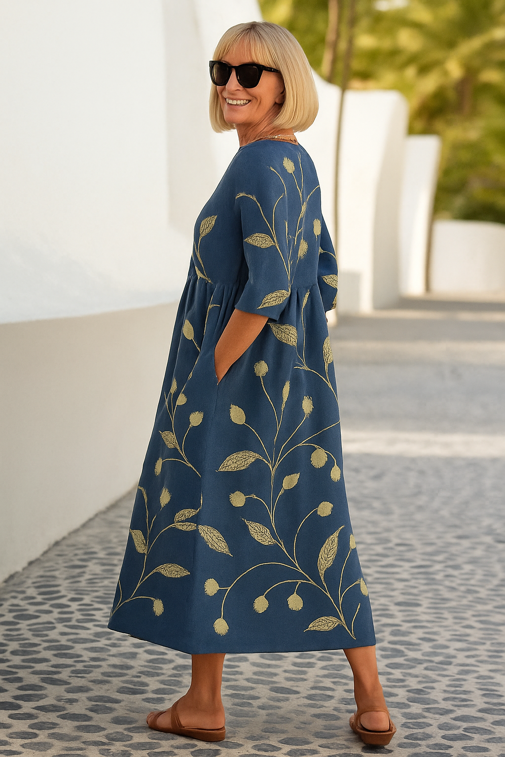 Reese™ | Robe midi fluide à manches ¾ et imprimé botanique