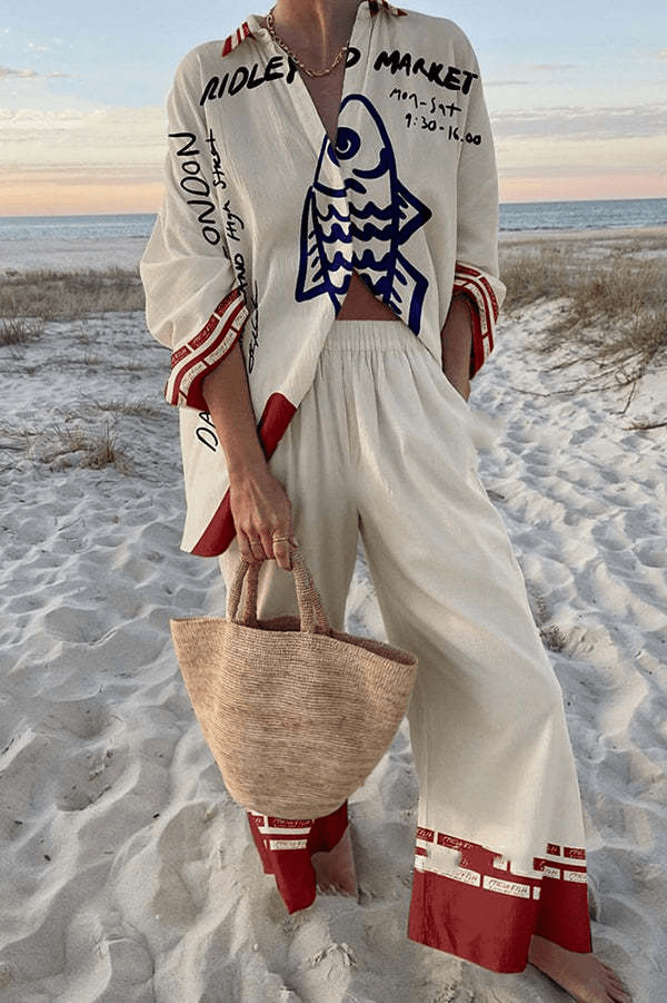 Carla™ | Set aus bedrucktem Leinen-Baumwollhemd und Hose