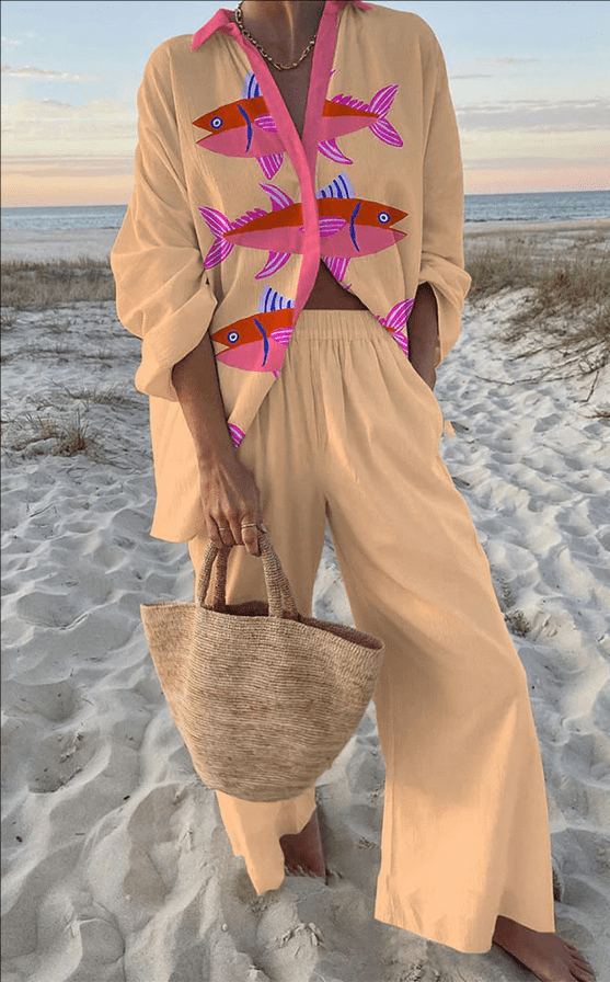 Jasmine™ | Bedrucktes Leinen-Baumwoll-Hemd und -Hose-Set