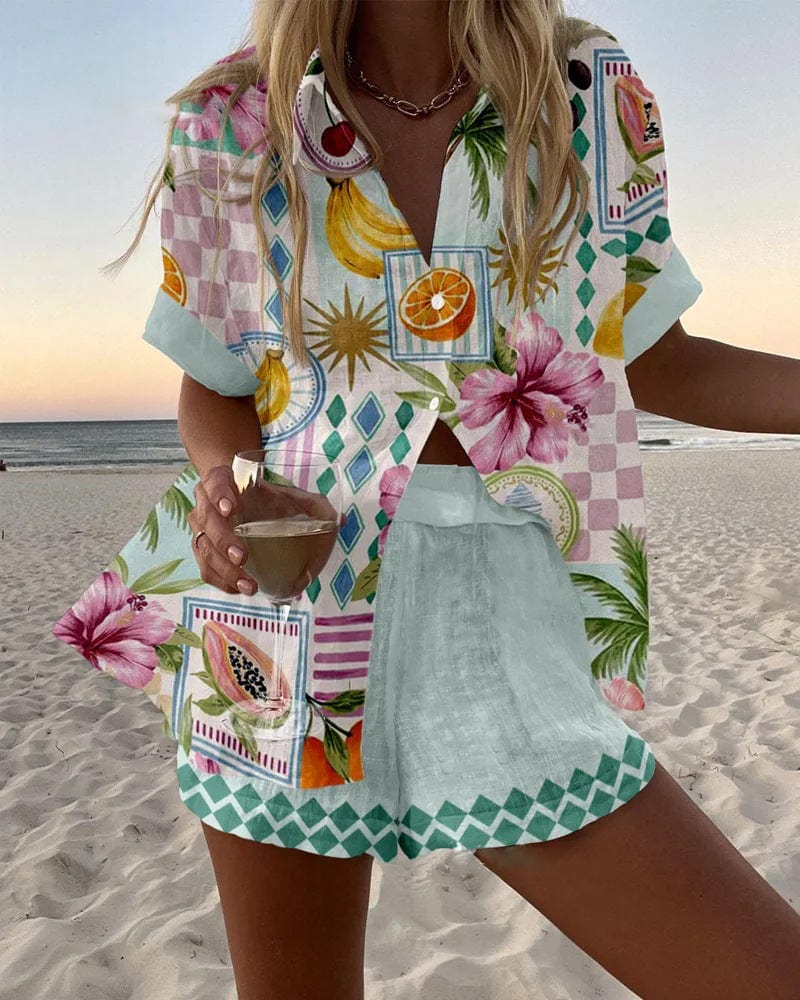 Louise™ | Ensemble chemise et short en lin-coton imprimé