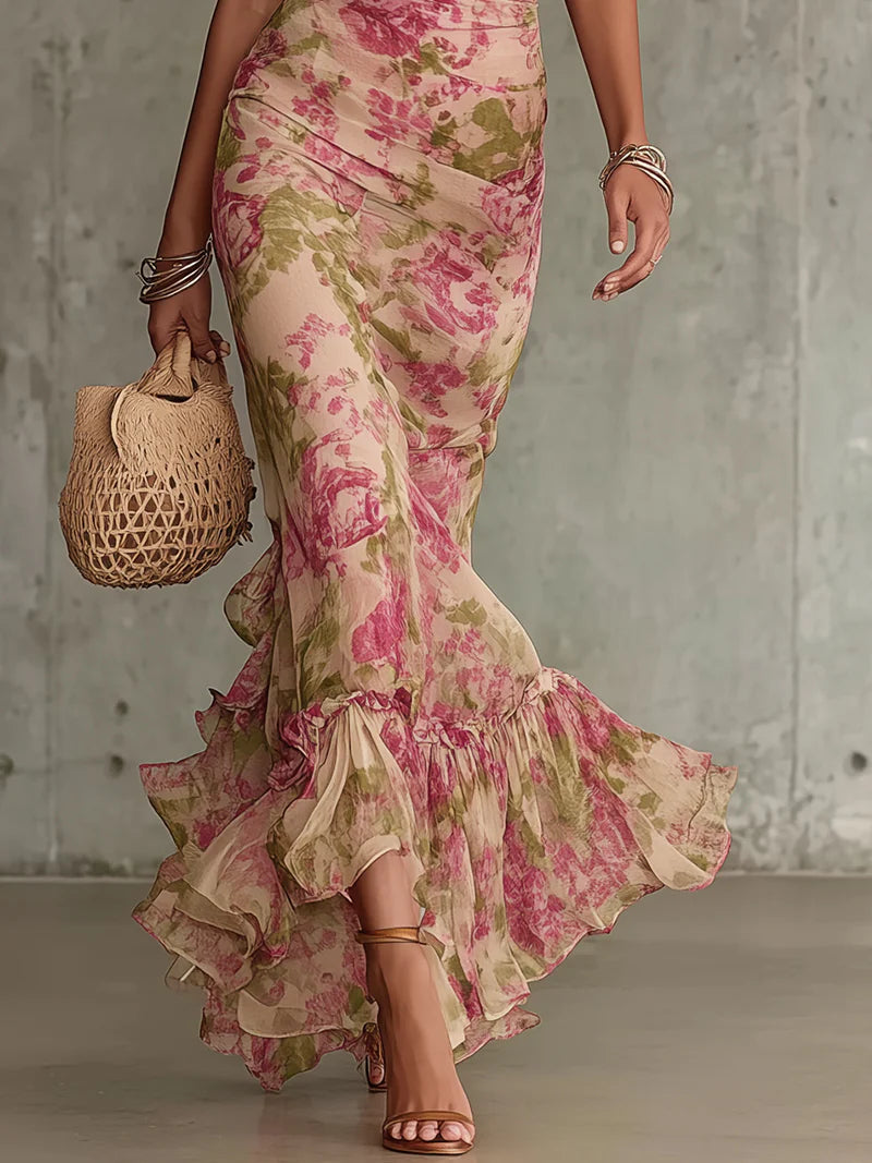 Vintage™ | Robe longue rose imprimée
