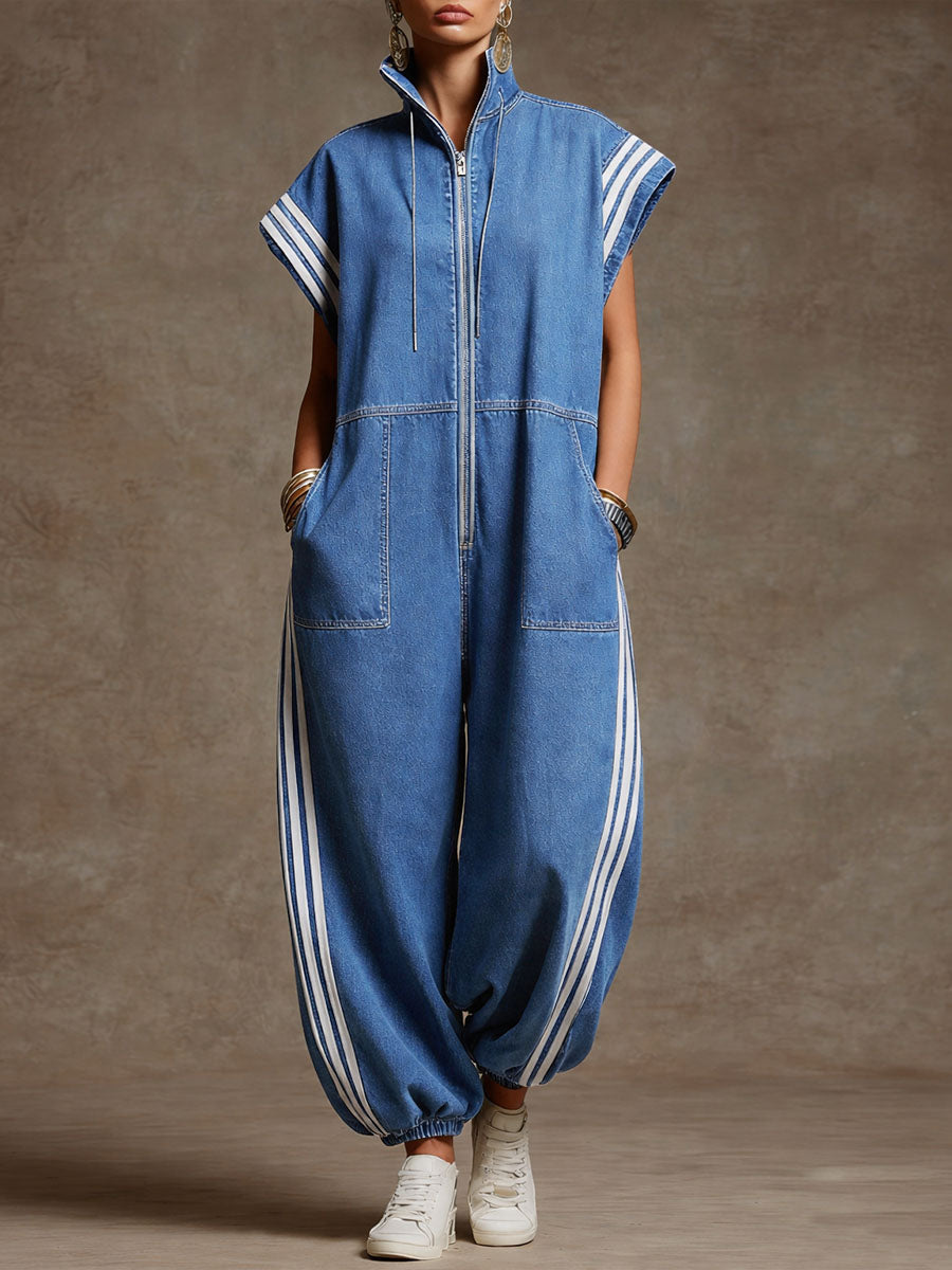 Combinaison en jean pour femme à col montant, manches courtes, décontractée, ample et à jambes larges