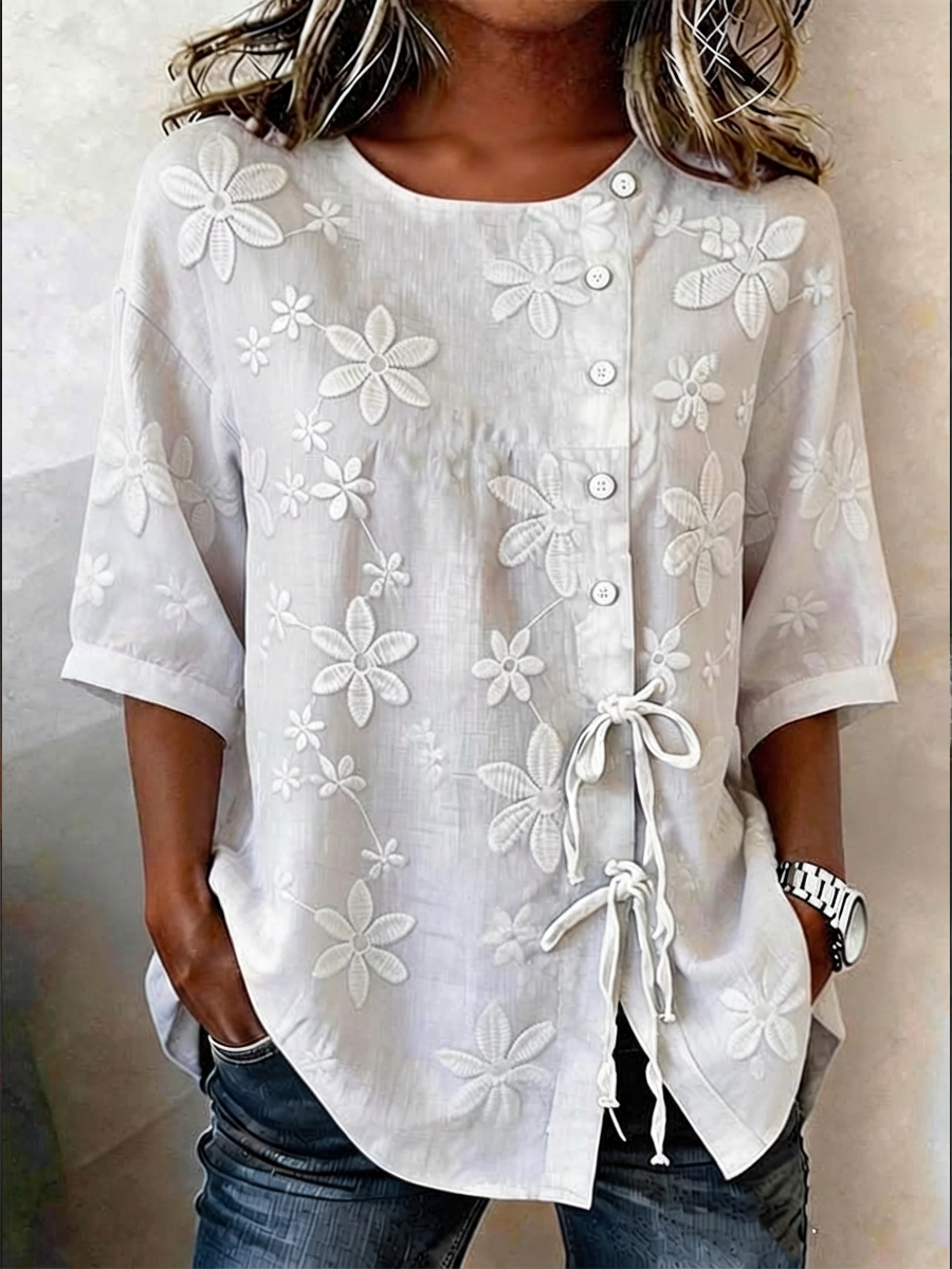 Shira™ | Blouse boutonnée en coton-lin à dentelle