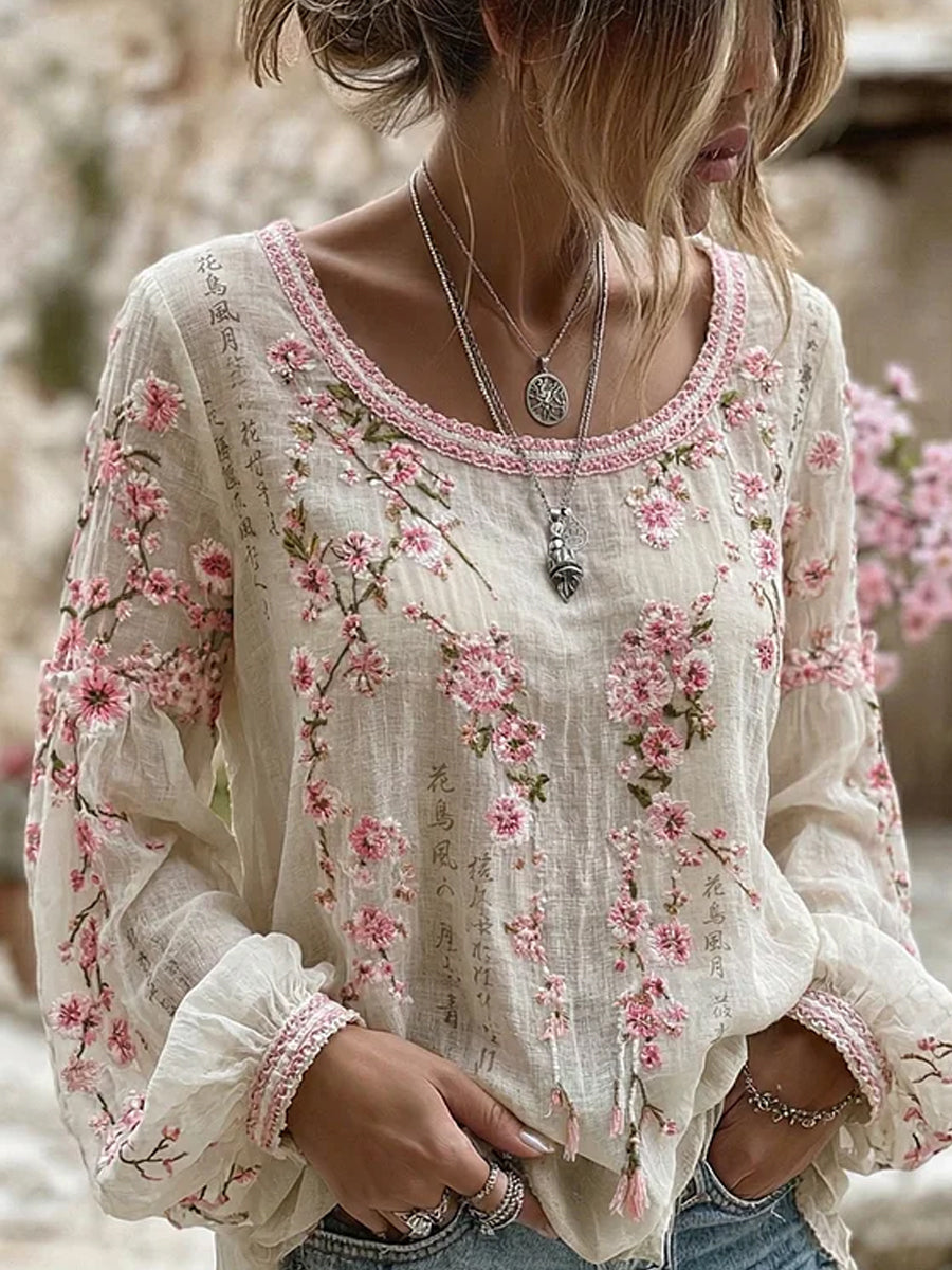 Sakura™ | Top coton-lin fleuri rétro