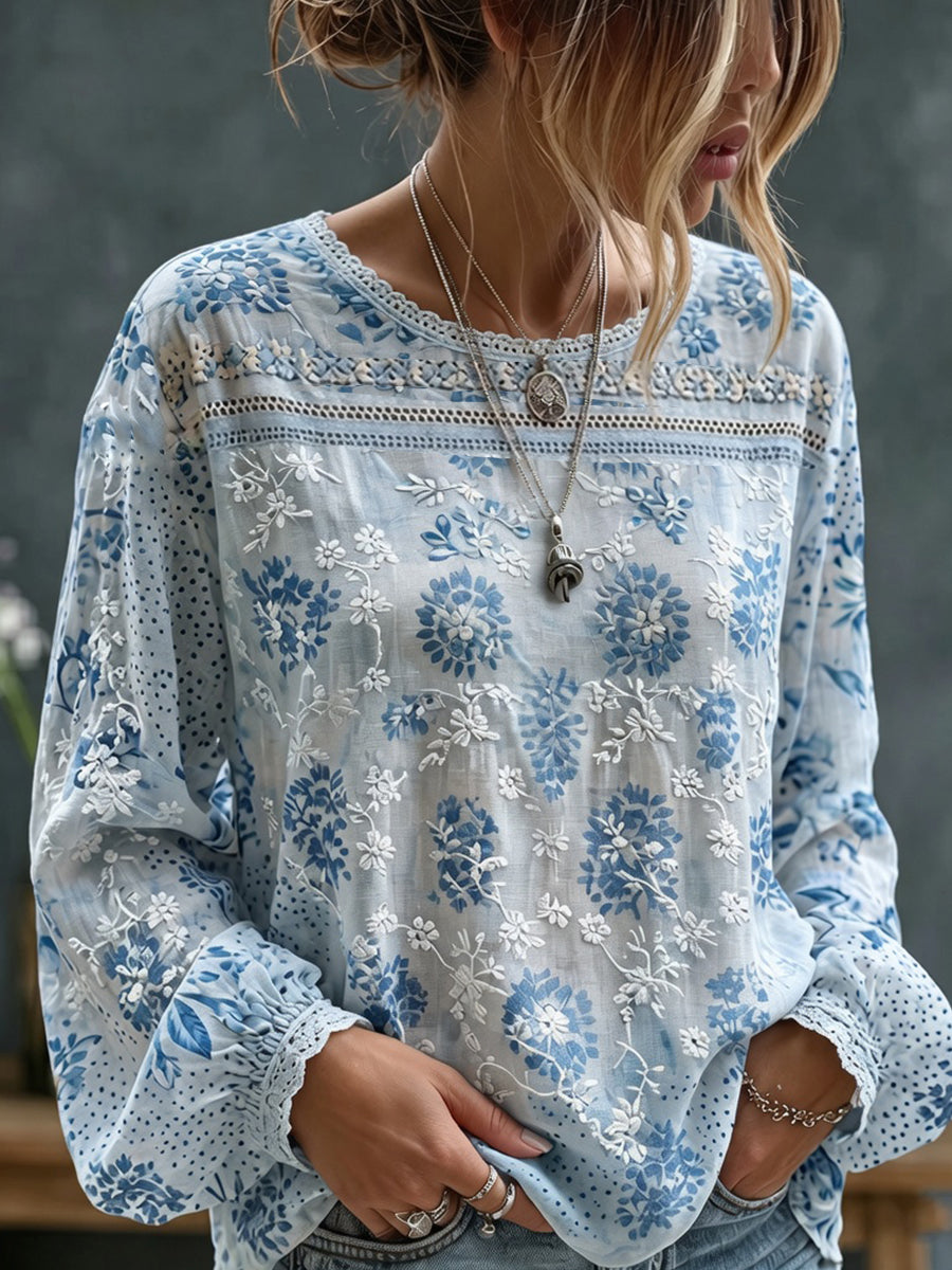 Bleu Ciel™ | Top vintage fleuri en coton-lin