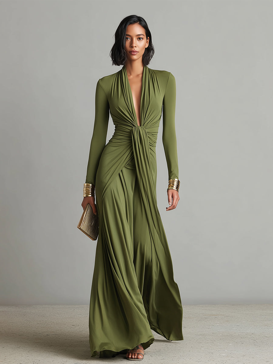 Floriane™ | Robe Maxi Vert Olive Col V