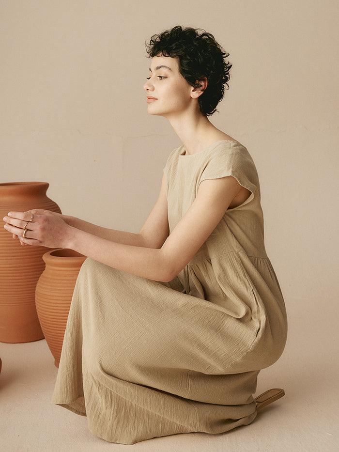 Jeanne™ | Robe longue en lin à manches courtes