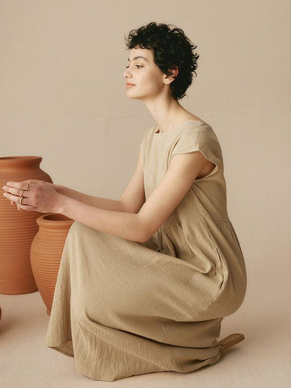 Jeanne™ | Robe longue en lin à manches courtes
