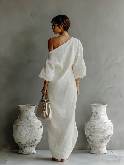 Hannelore™ | Robe Maxi Coton-Lin Épaule Découverte