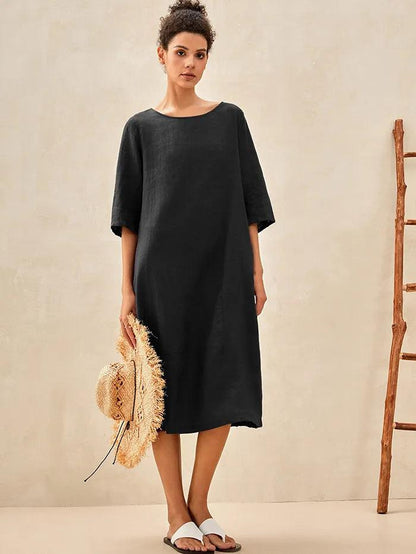 Sophie™ | Robe mi-longue en lin à col rond