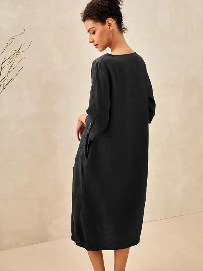 Sophie™ | Robe mi-longue en lin à col rond