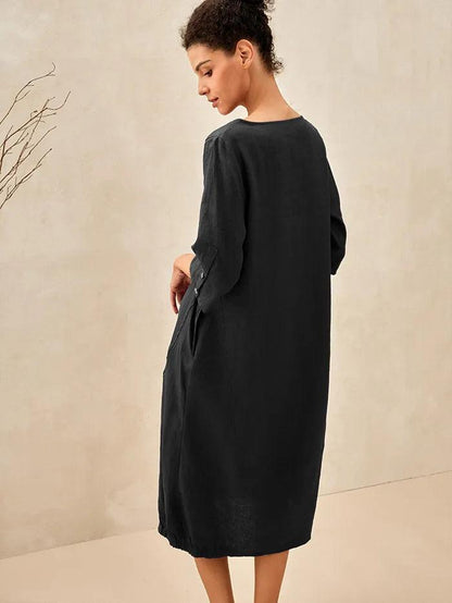 Sophie™ | Robe mi-longue en lin à col rond
