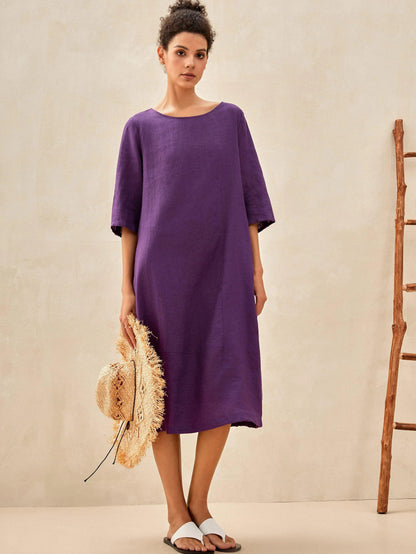 Sophie™ | Robe mi-longue en lin à col rond