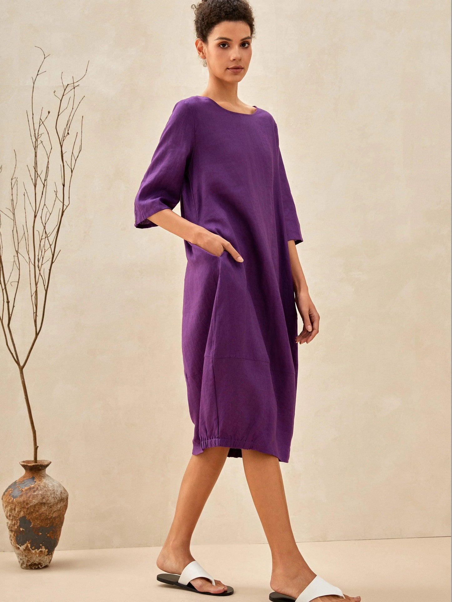 Sophie™ | Robe mi-longue en lin à col rond