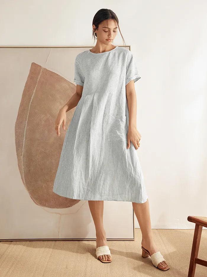 Margaux™ | Robe courte rayée en lin à coupe A