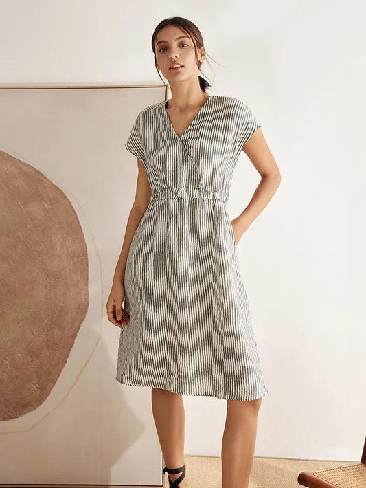Ariane™ | Robe midi rayée en lin à taille élastique