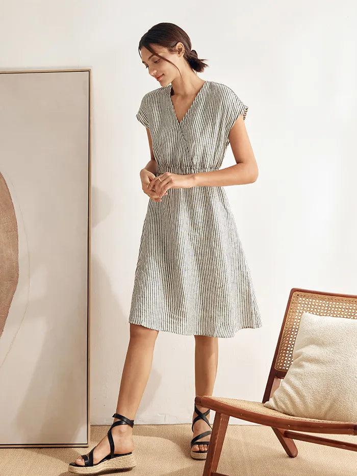 Ariane™ | Robe midi rayée en lin à taille élastique