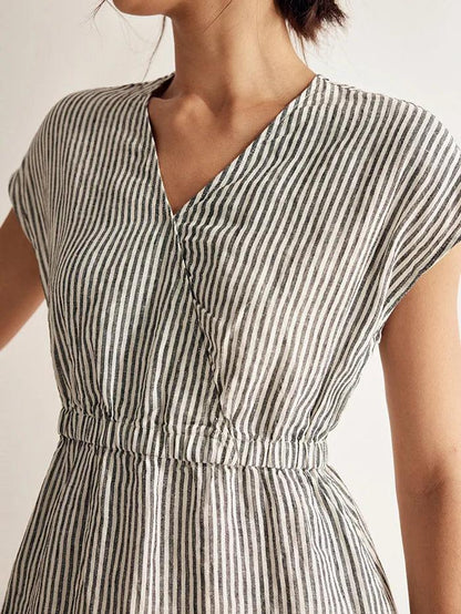Ariane™ | Robe midi rayée en lin à taille élastique