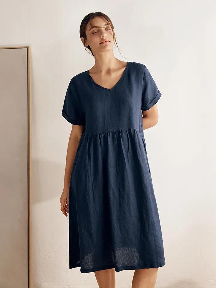 Charlotte™ | Robe midi en lin à col en V