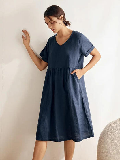 Charlotte™ | Robe midi en lin à col en V