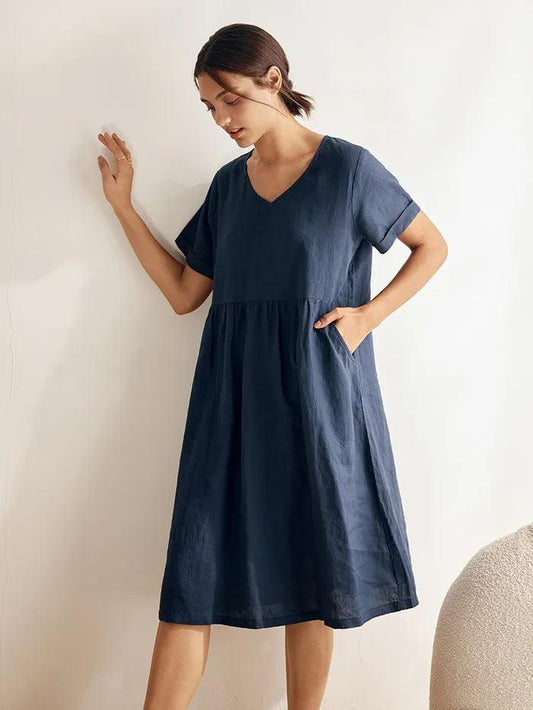 Charlotte™ | Robe midi en lin à col en V
