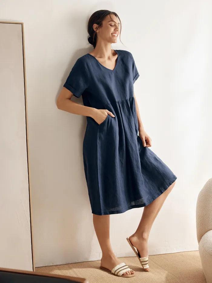 Charlotte™ | Robe midi en lin à col en V