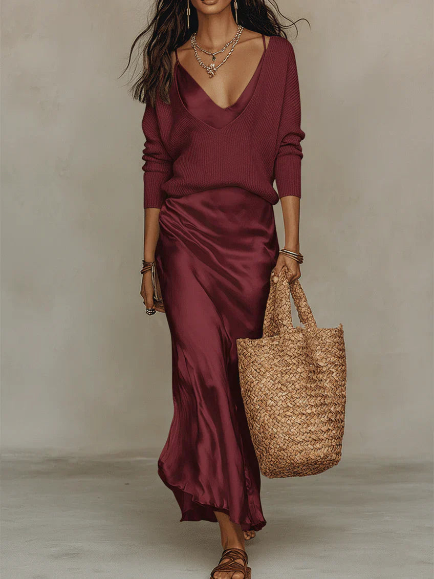HELIANA™ | ROBE MIDI SATINÉE + PULL INCLUS