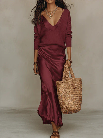 HELIANA™ | ROBE MIDI SATINÉE + PULL INCLUS