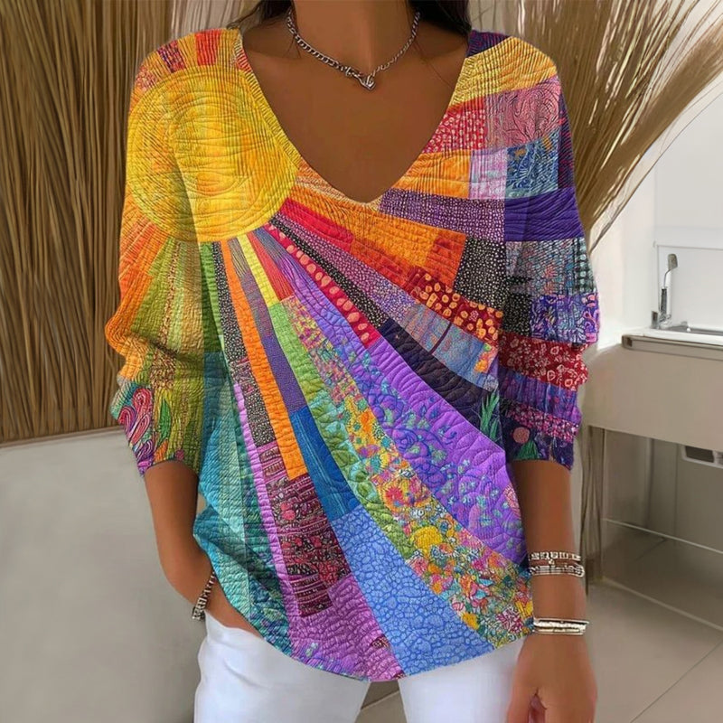 Maëlys™ | T-shirt vintage multicolore à col V