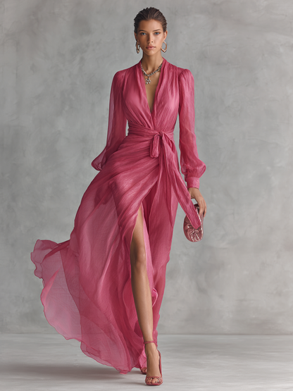 Ysolde™ | Robe Longue en Mousseline Rose à Perles