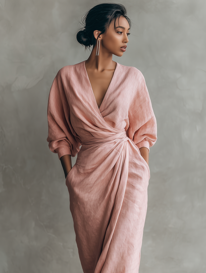Teresina™ | Robe Maxi Rose Col V en Lin