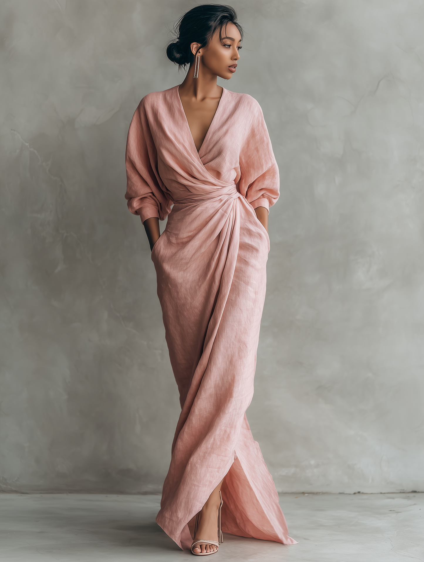 Teresina™ | Robe Maxi Rose Col V en Lin