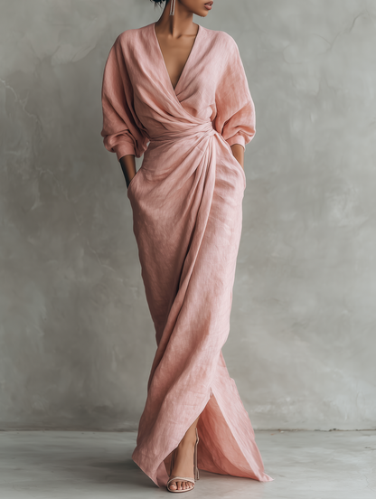 Teresina™ | Robe Maxi Rose Col V en Lin