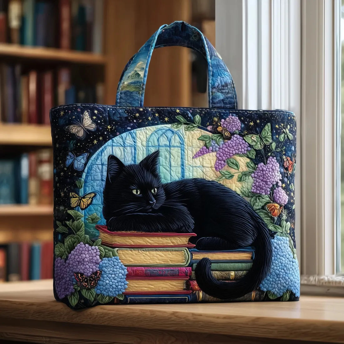 NOIR BIBLIO™ | SAC CABAS ARTISANAL DOUBLÉ (CHAT NOIR SUR LES LIVRES)