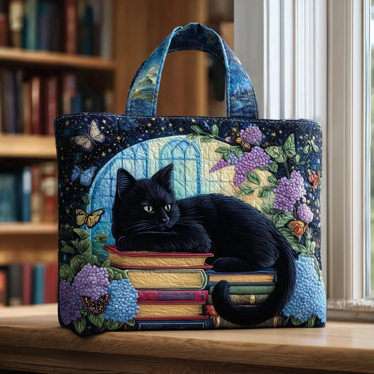 NOIR BIBLIO™ | SAC CABAS ARTISANAL DOUBLÉ (CHAT NOIR SUR LES LIVRES)