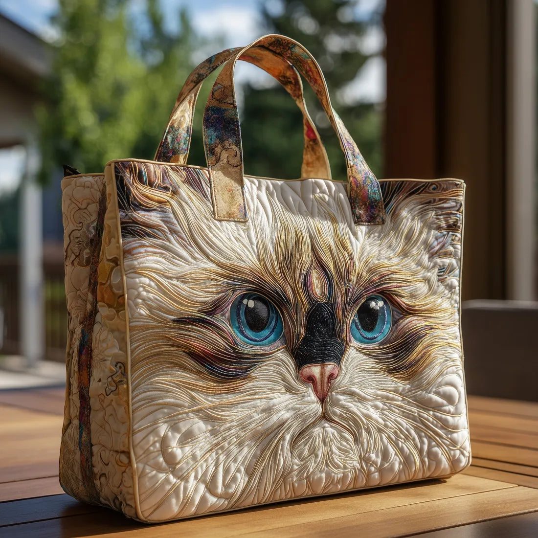 AZURCHAT™ | SAC TOTE ARTISANAL DOUBLÉ (CHAT BLANC YEUX BLEUS)