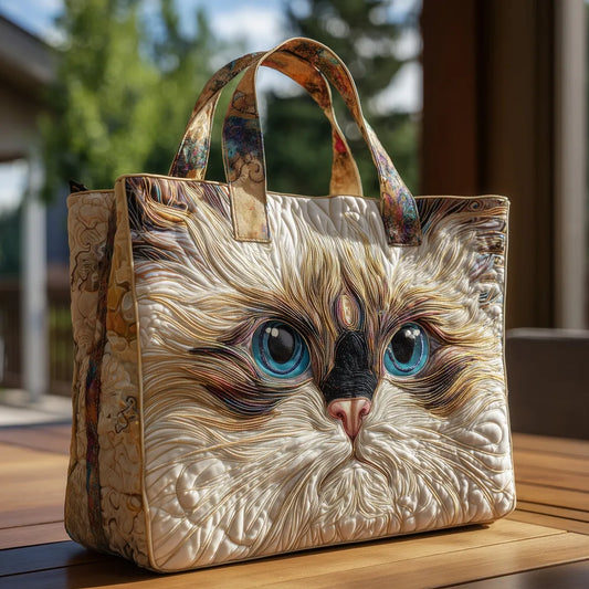 AZURCHAT™ | SAC TOTE ARTISANAL DOUBLÉ (CHAT BLANC YEUX BLEUS)