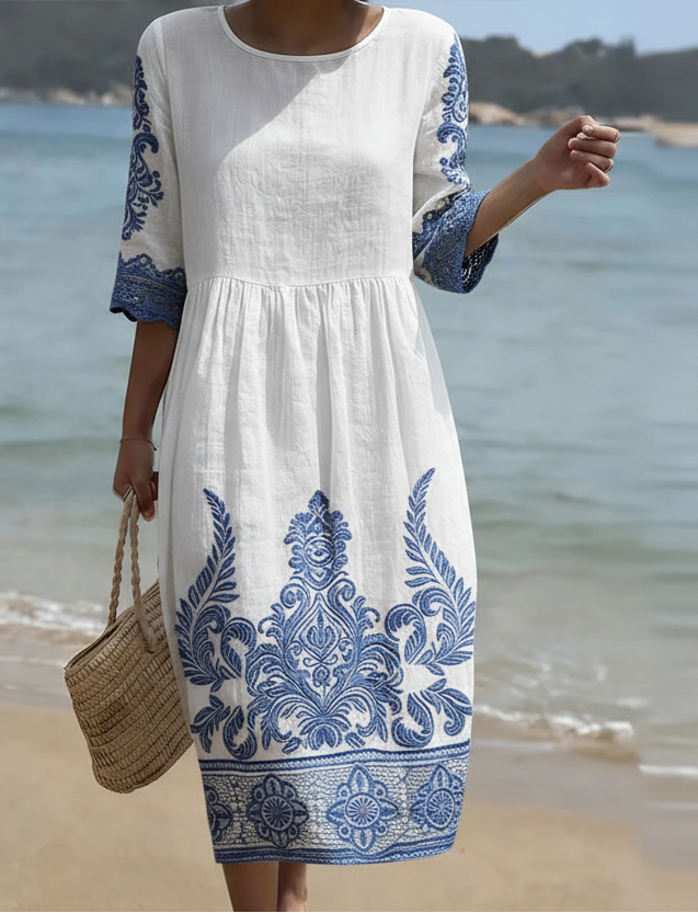 Isolina™ | Robe midi blanche imprimé fleurs