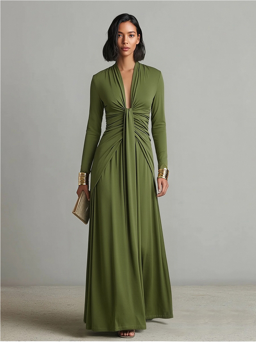 Floriane™ | Robe Maxi Vert Olive Col V