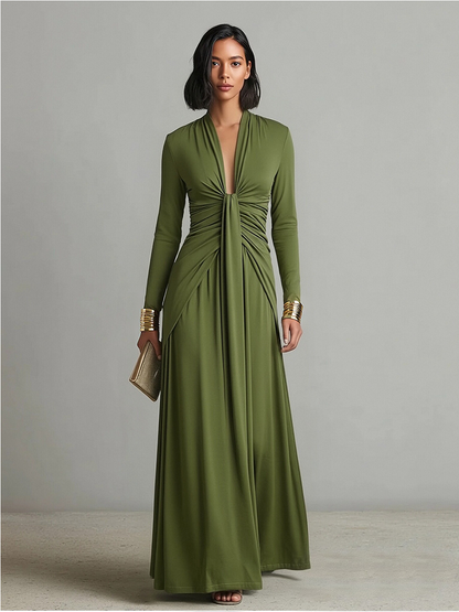 Floriane™ | Robe Maxi Vert Olive Col V