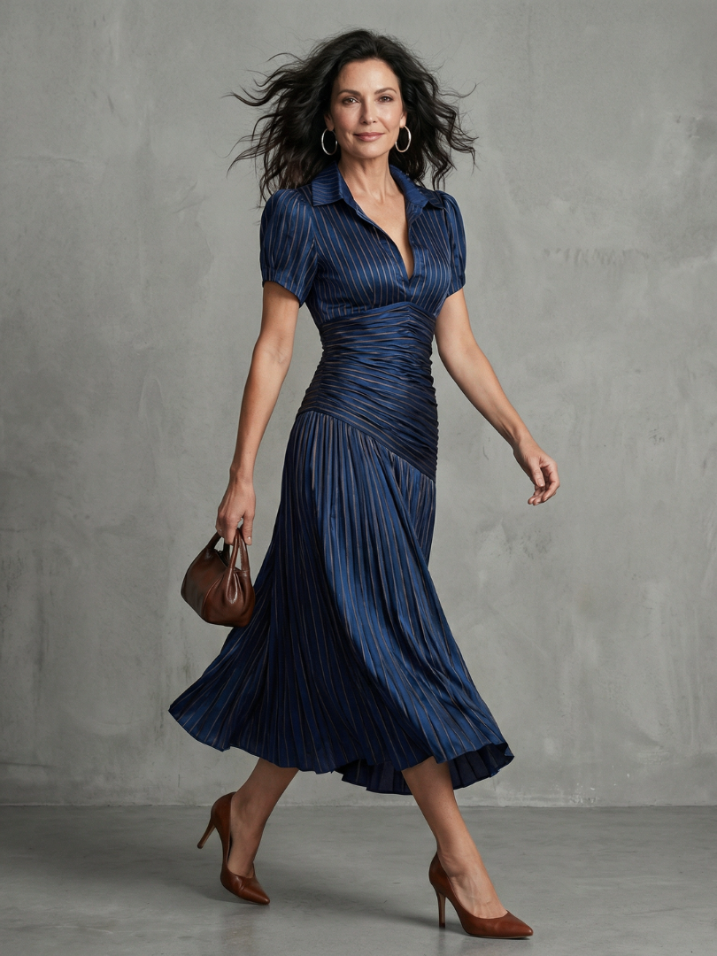 Salma™ | Robe midi rayée plissée