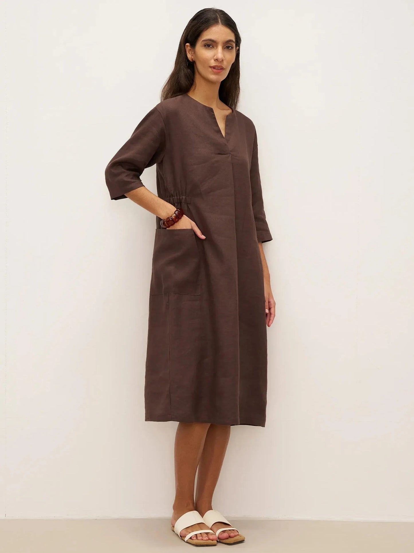 Estelle™ | Robe midi en lin à grandes poches