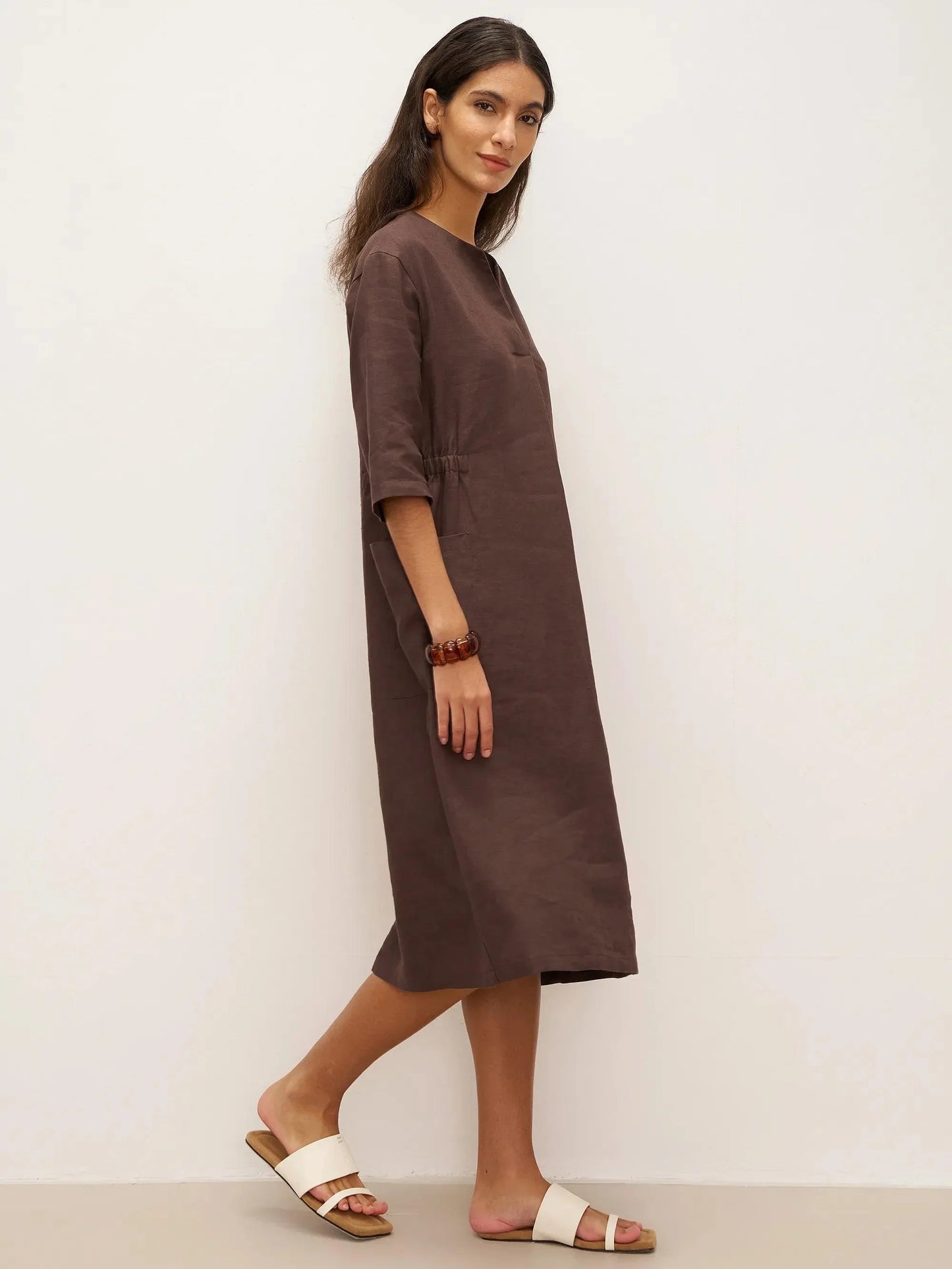 Estelle™ | Robe midi en lin à grandes poches