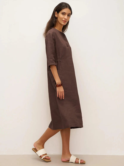 Estelle™ | Robe midi en lin à grandes poches