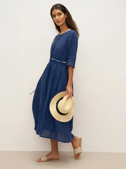 Aurore™ | Robe midi en lin à taille pétale
