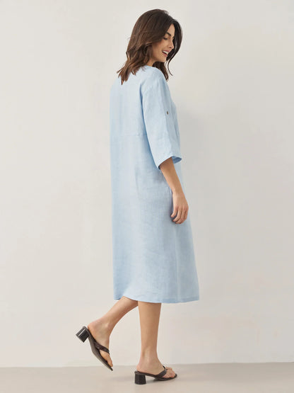 Anaïs™ | Robe midi en lin à boutons décoratifs